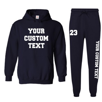 Unisex Personalised Tracksuit Hooded Sweatshirt & Jog Pants Set with Front Chest and Left & Right Leg Custom Text Printing